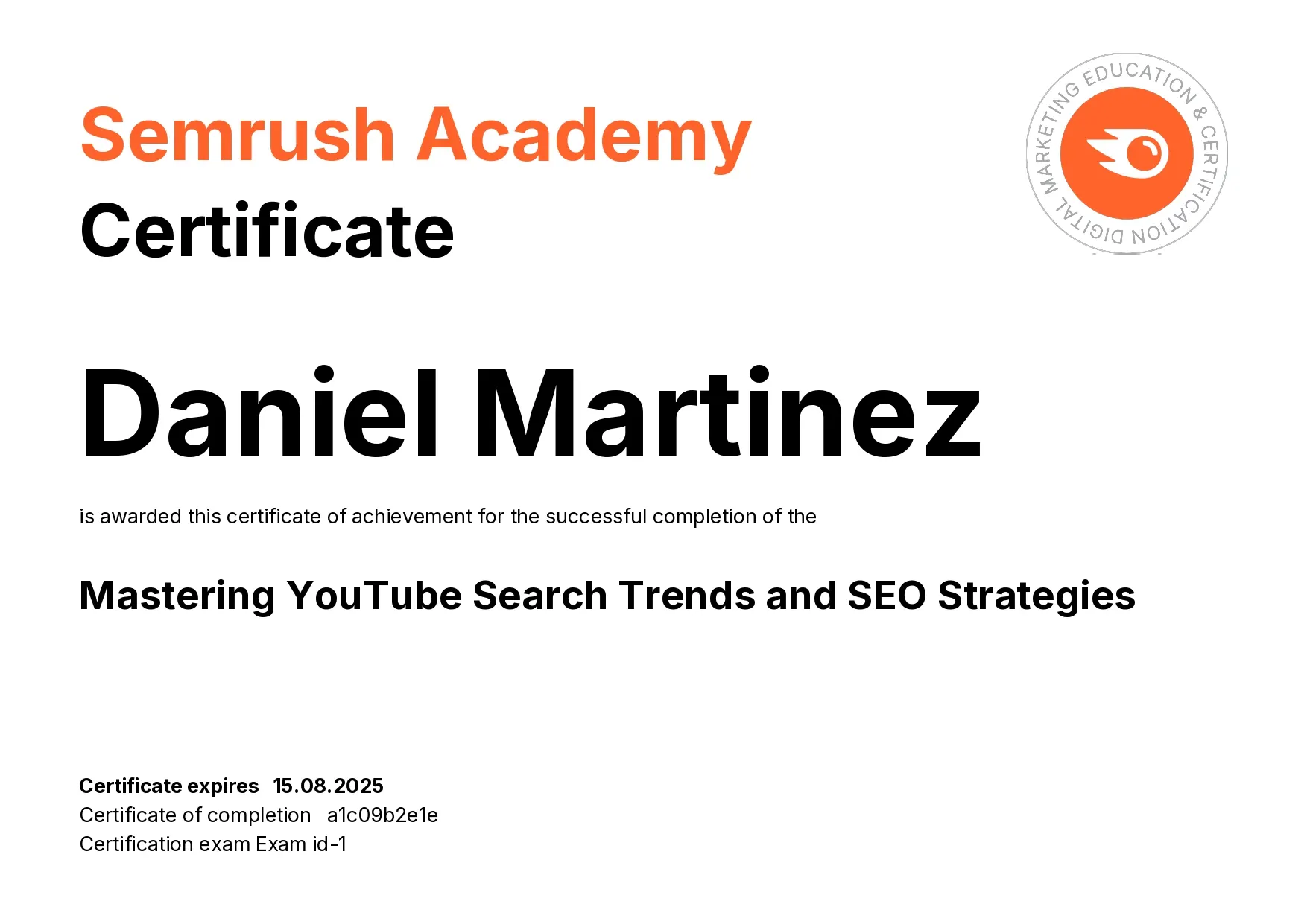 Semrush SEO Trends and Strategies certificate