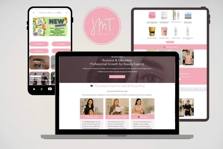 JMT Beauty website shown across desktop, tablet, and mobile devices