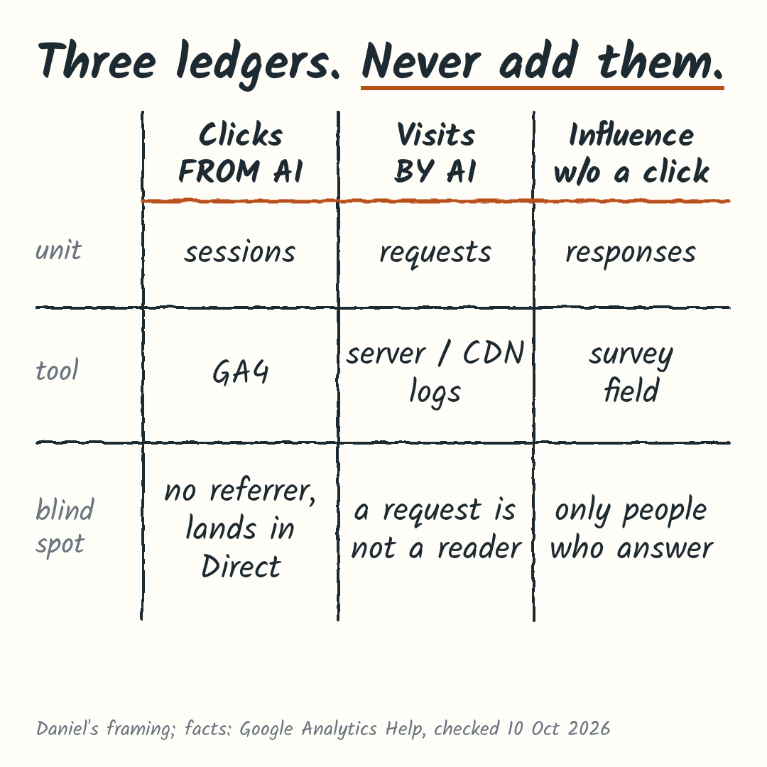 Table of three separate AI traffic ledgers. Clicks from AI are counted as sessions in GA4 and miss visits with no referrer, which land in Direct. Visits by AI are requests in server or CDN logs, and a request is not a reader. Influence without a click is responses in a survey field and covers only people who answer. Never add them together.